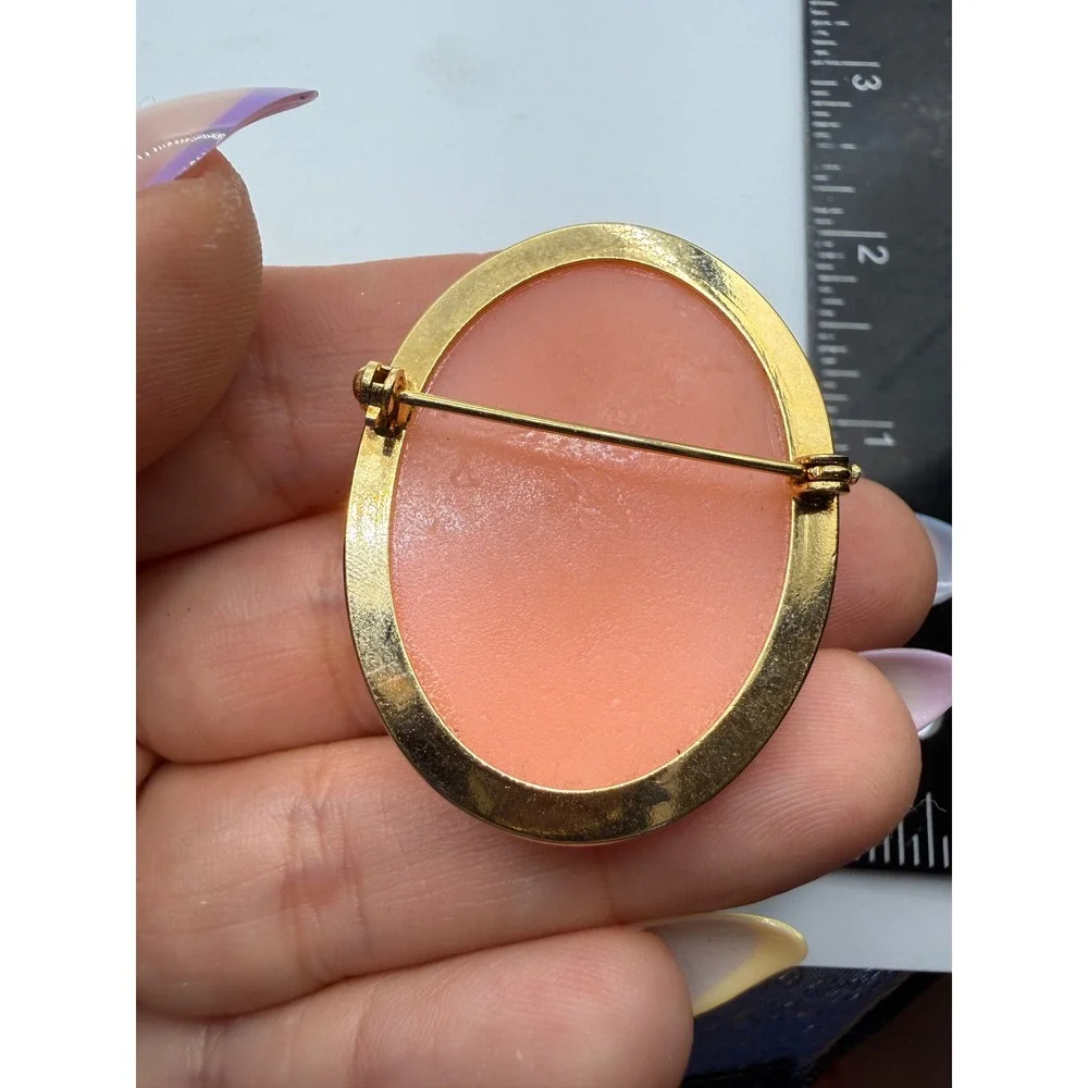 Vintage Cameo Brooch Gold Tone‎ Pink and Cream Female Profile Pin Oval